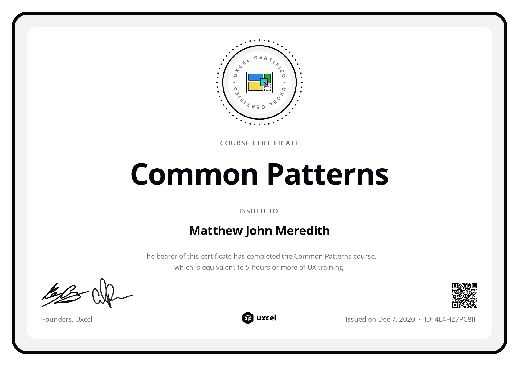 Matthew John Meredith's certificate